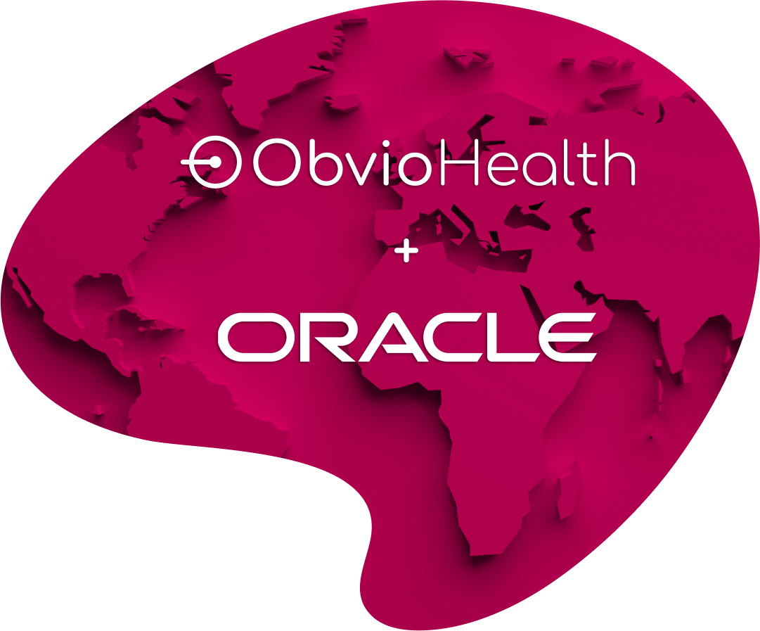ObvioHealth Logo partnered with Oracle logo, over a pink map of Asia.