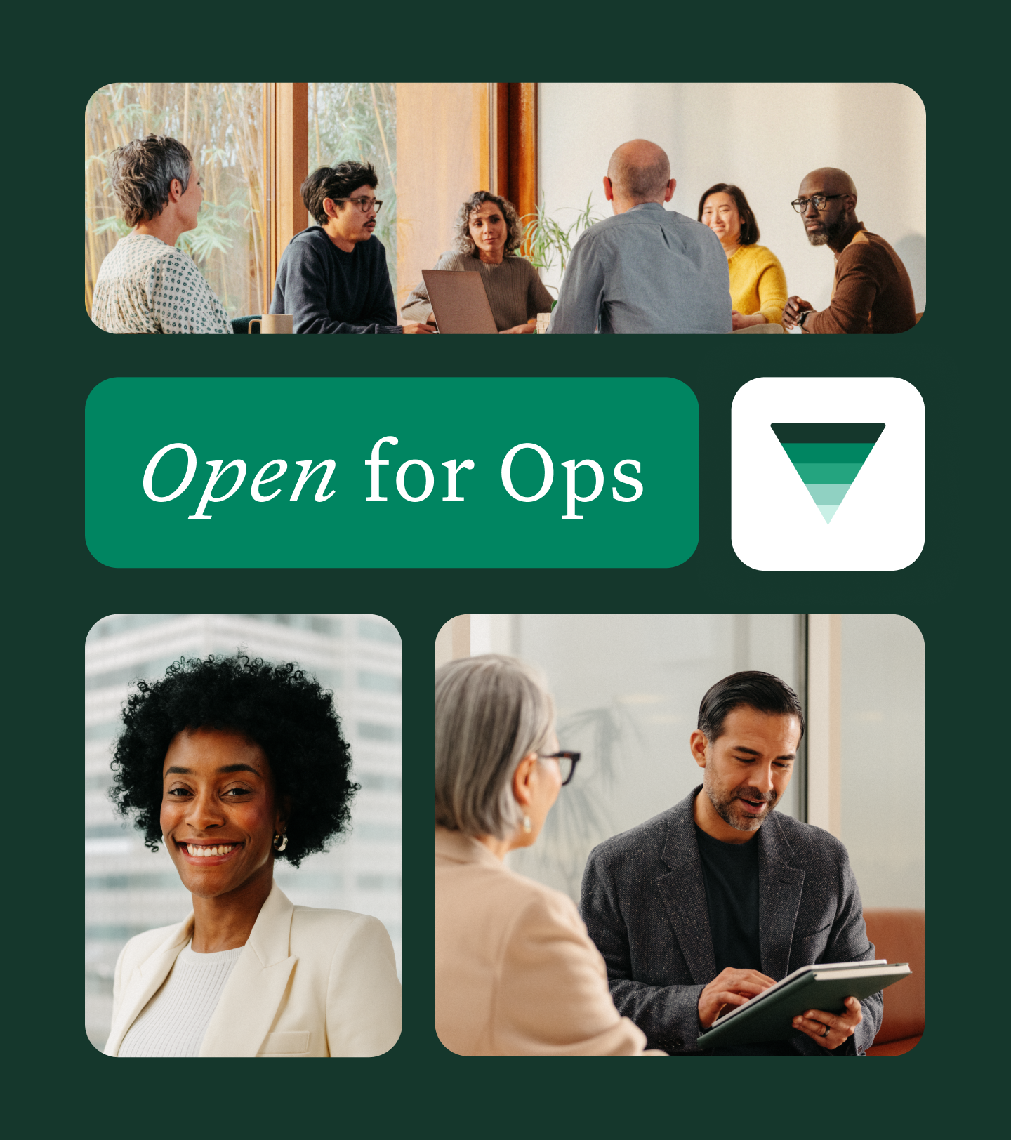 Collage of professionals in office settings with a Open for Ops logo and ui