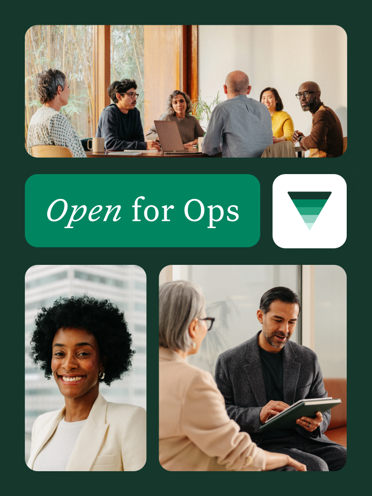 Mobile collage of professionals in office settings with a Open for Ops logo and ui