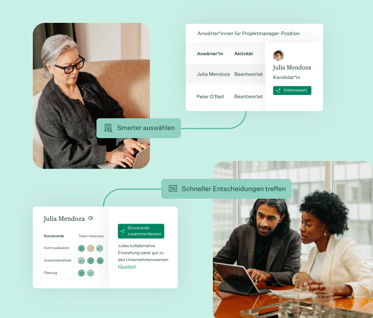Web Compare Hero M DE two solutions workflows with photos of UI and people working together