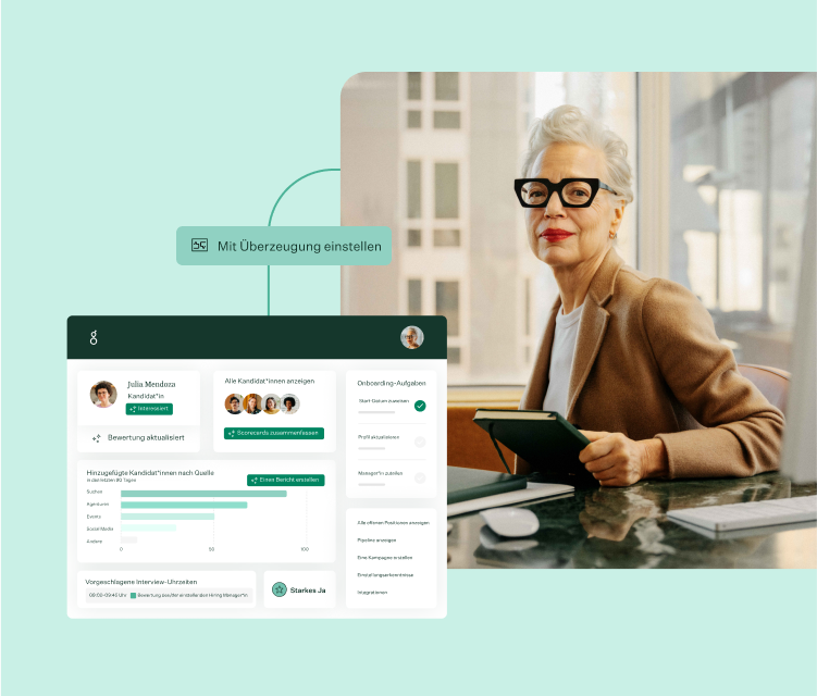 Web Platform Hero M DE hiring with confidence workflow with UI and photo of professional woman
