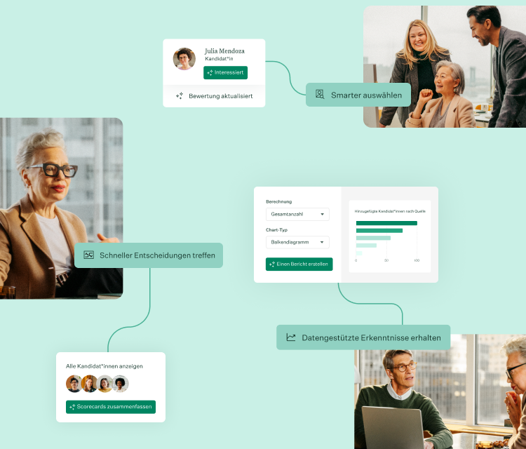 Web Home Hero M DE clusters of three workflows with photos of UI and people working together