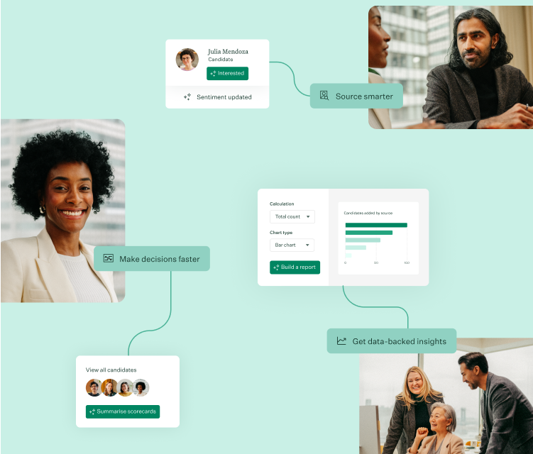Home Hero image of clusters of three solutions workflows with UI and photos of professionals