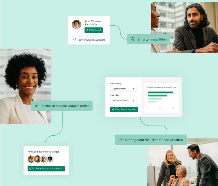 Image of clusters of three solutions workflows with photos of UI and people working