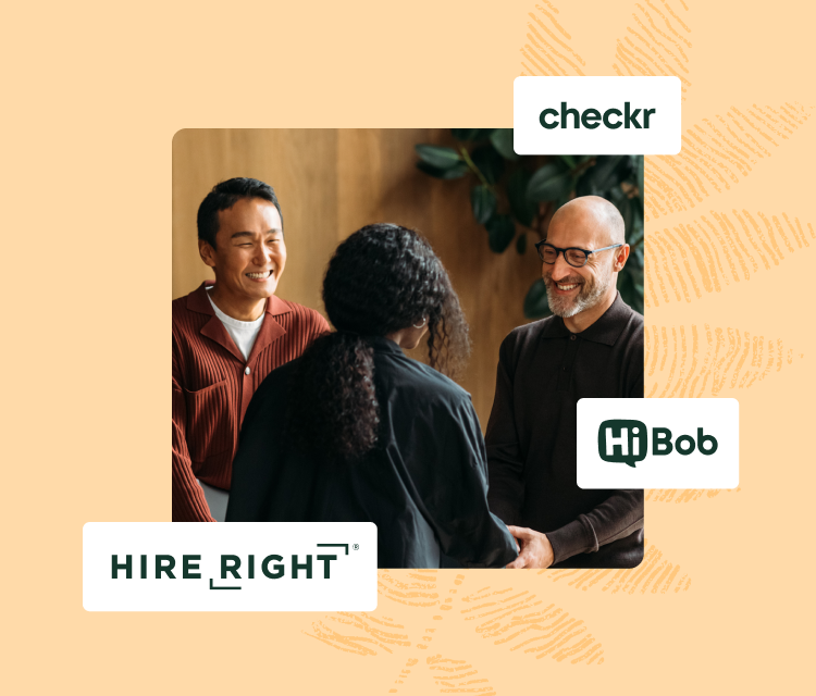 Three people socializing image and Checkr, HireRight and HiBob logos collage