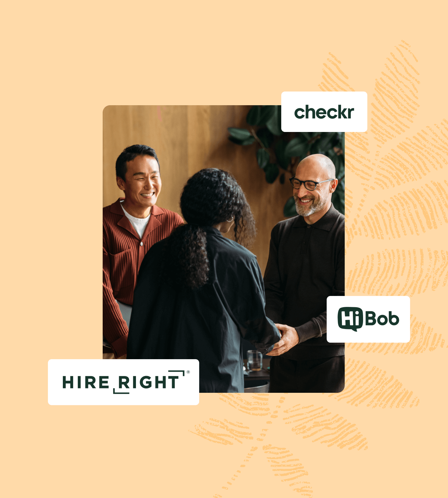 Three people socializing image and Checkr, HireRight and HiBob logos collage