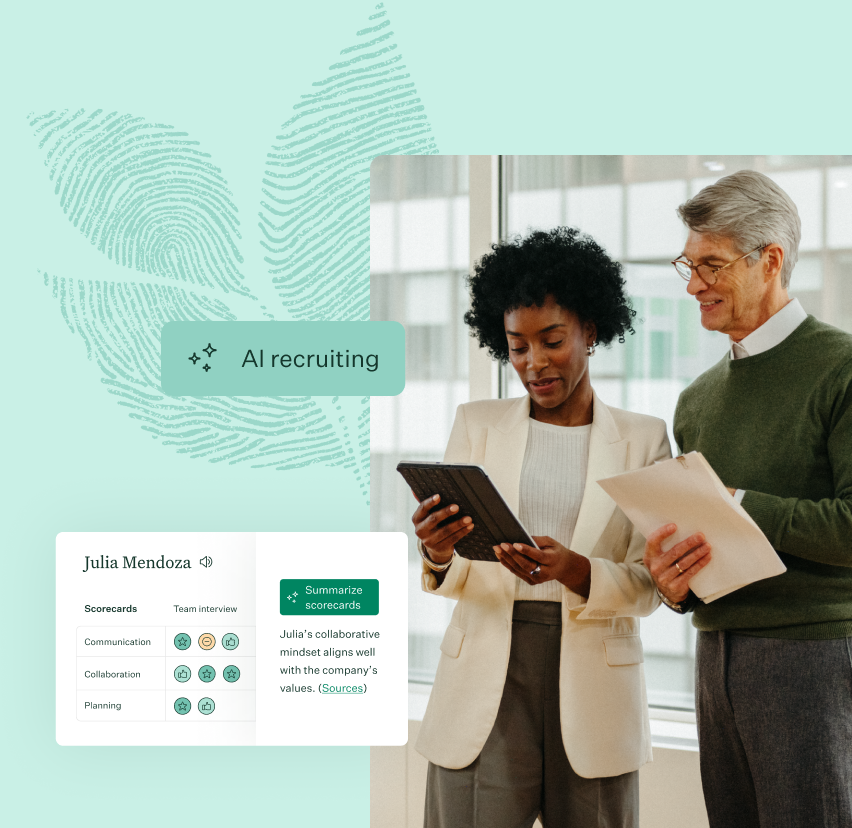 Woman wearing patterned blouse in office setting with silo leaf motif marigold HR Technology logo nav