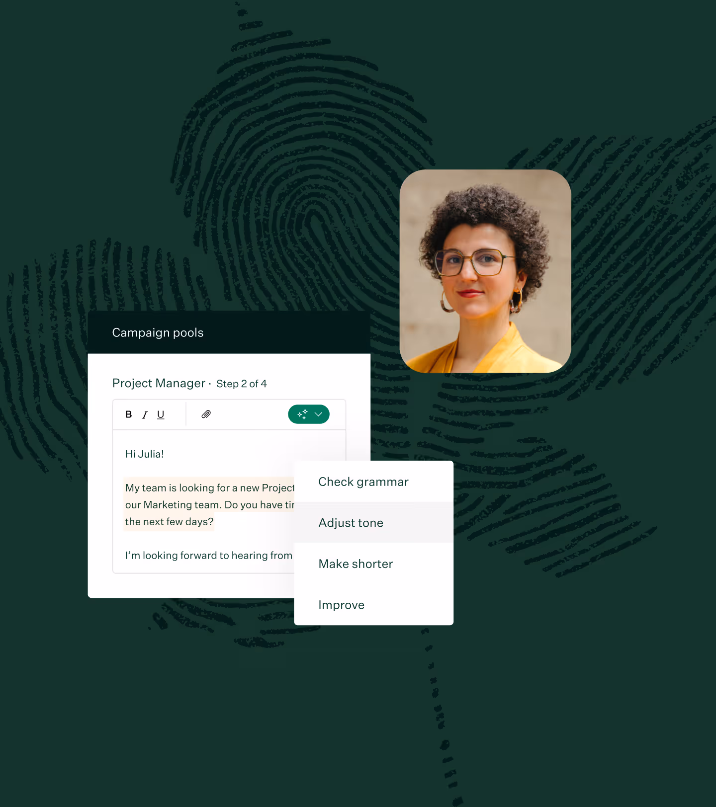 Image of headshot of a woman in glasses smiling at camera with campaign pools UI