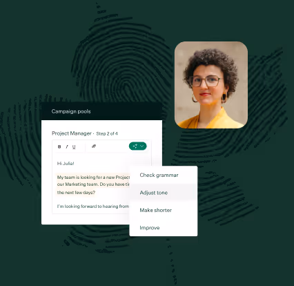 Image of headshot of a woman in glasses smiling at camera with campaign pools UI