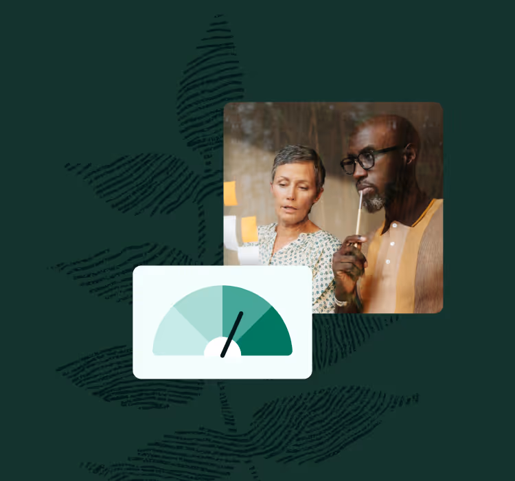 Image of hiring pipeline chart and coworkers looking at sticky notes