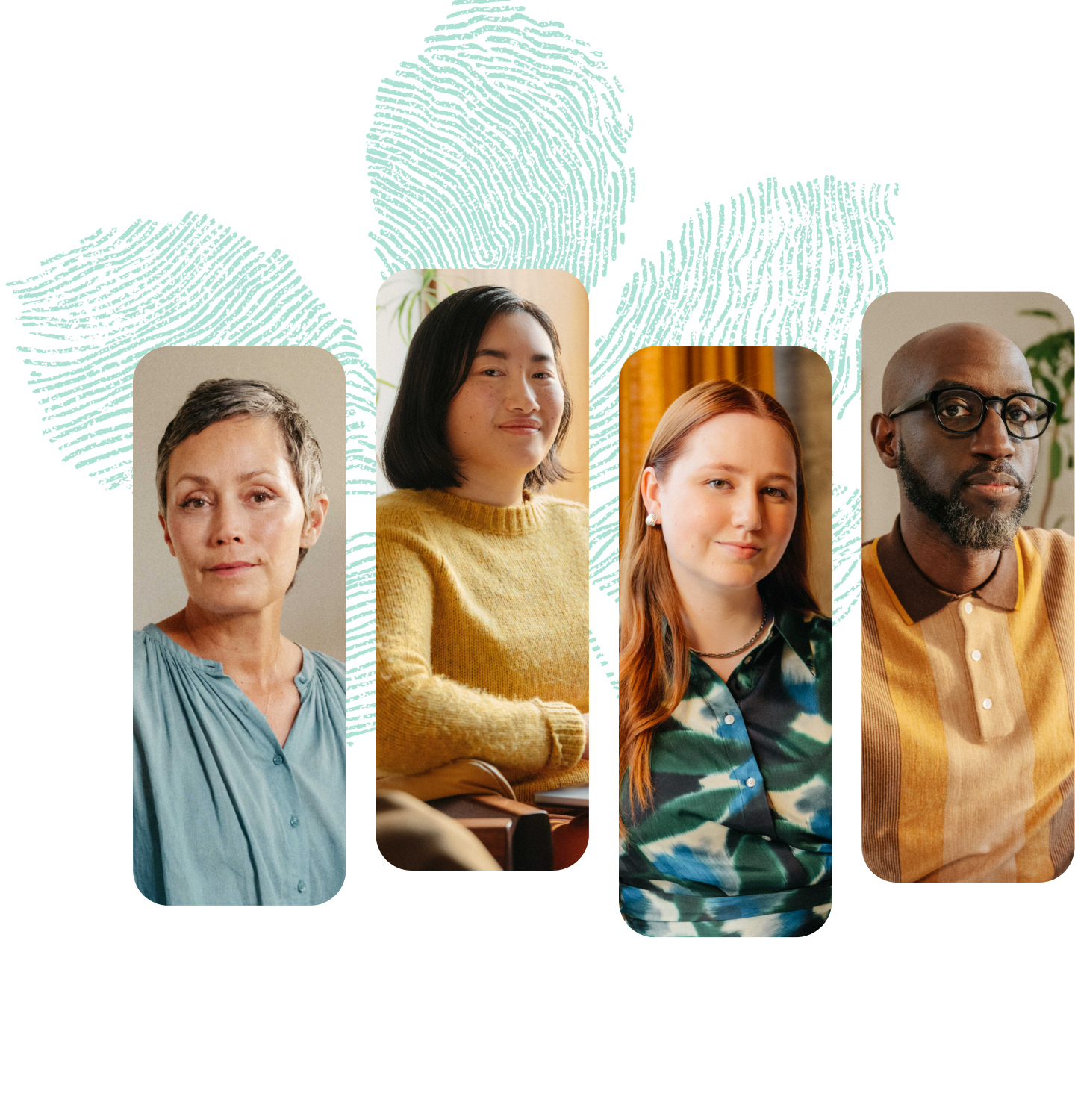 Four staggered portraits with fingerprint in the background