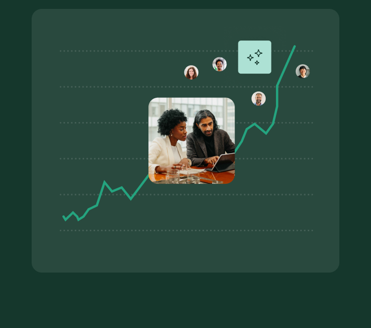 Ascending line graph with photos and AI icon overlayed