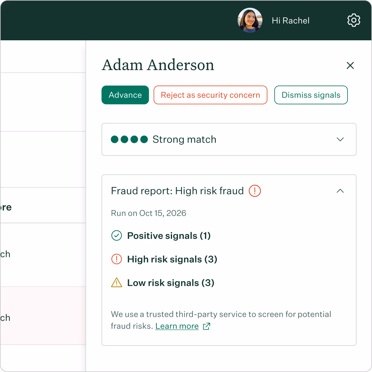 Real Talent candidate is high risk fraud interface