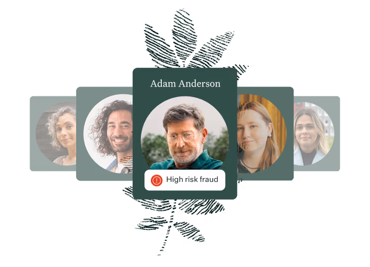 A woman is highlighted among several people, with a notification below her photo stating "High risk fraud"