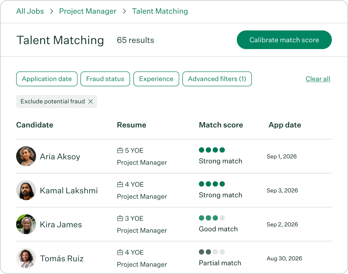 Real Talent Talent Matching View of interface