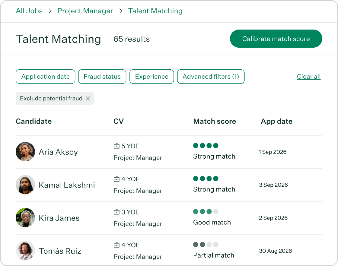Real Talent Talent Matching View of candidate list