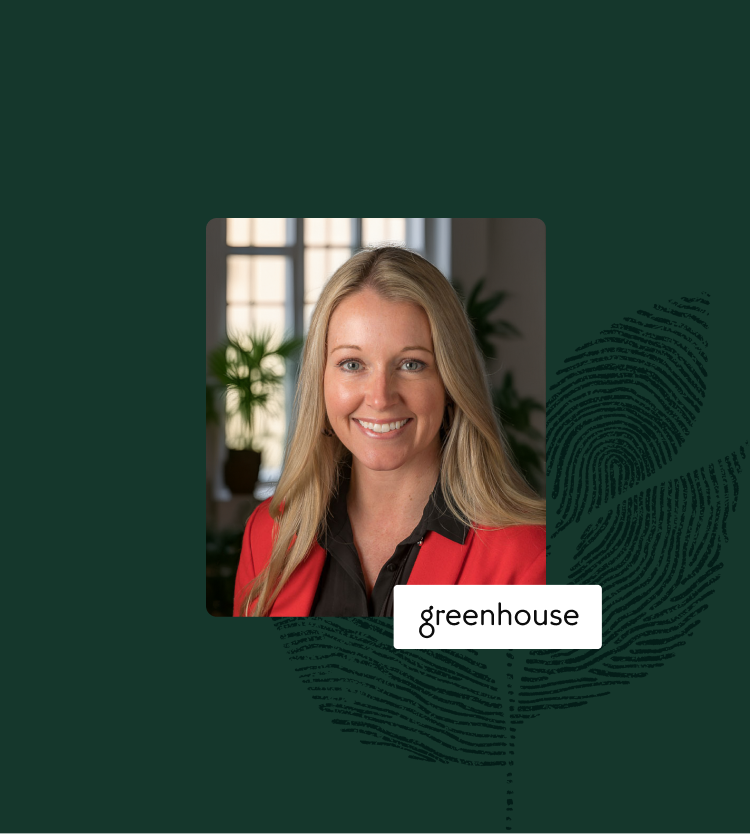 Meredith Johnson with Greenhouse logo overlayed on fingerprint
