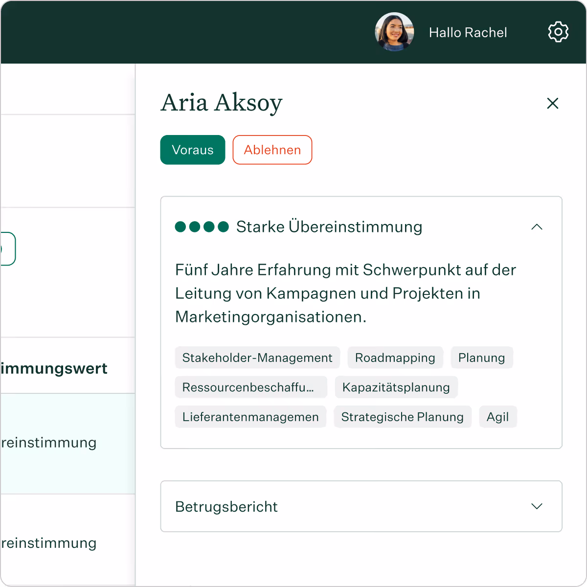 Real Talent talent view match score showing strong candidate match