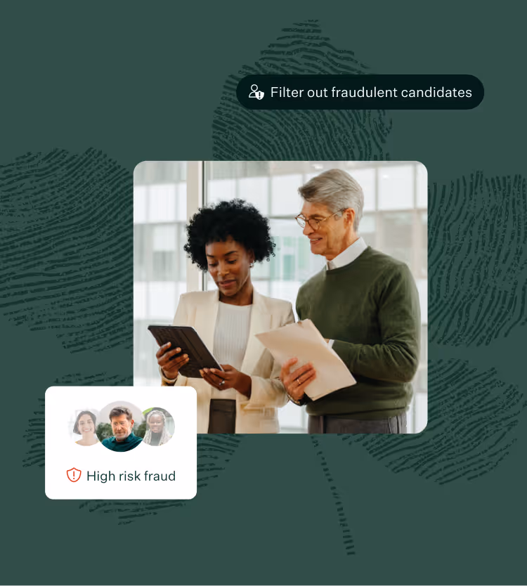 Collage of Real Talent UI and image of woman and man looking at tablet on evergreen background