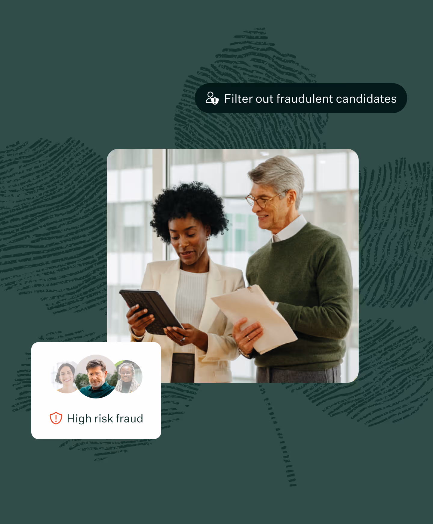 Collage of Real Talent UI and image of woman and man looking at tablet on evergreen background