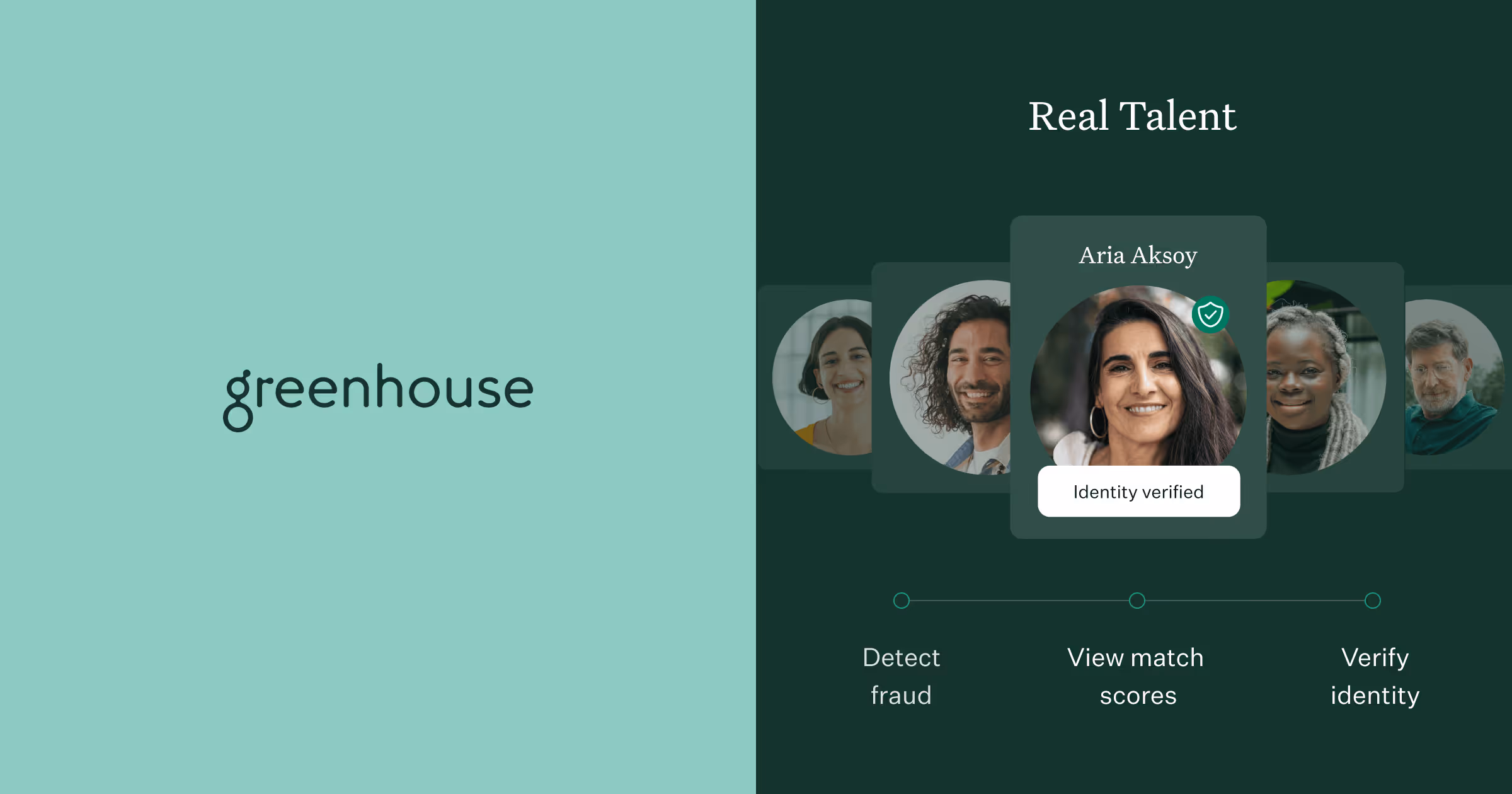 Greenhouse Real Talent product showing fraud detection card with candidate image