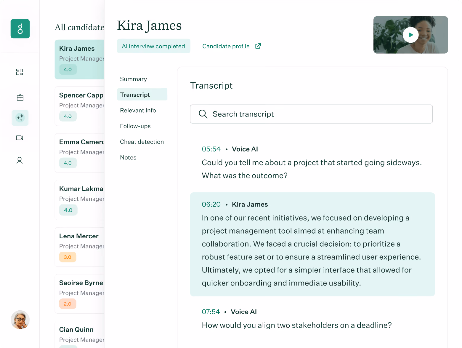Voice AI showing AI interviews and reviewing a single candidate's transcript