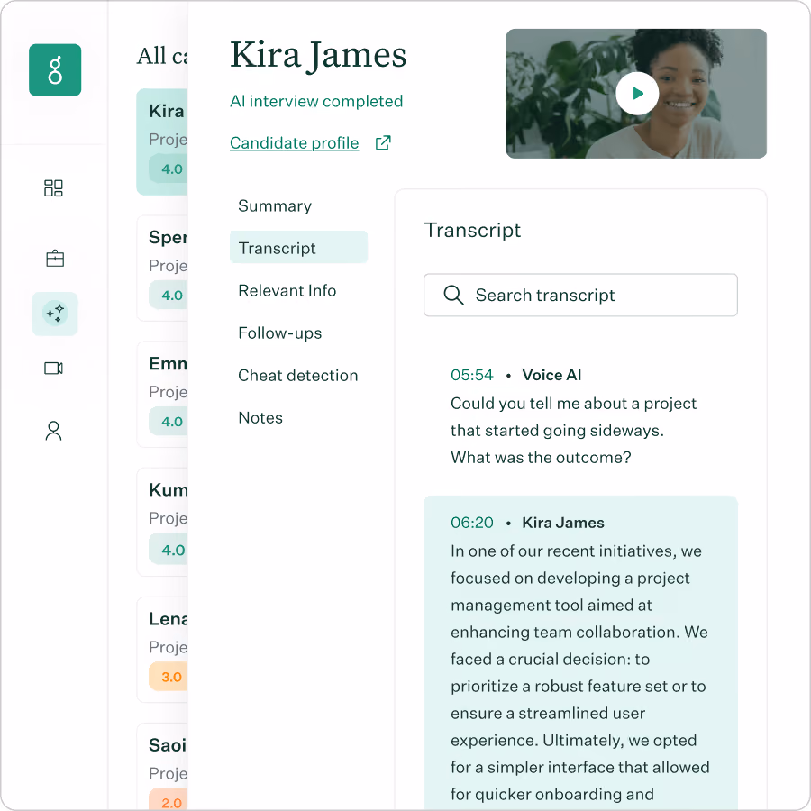 Voice AI showing AI interviews and reviewing a single candidate's transcript