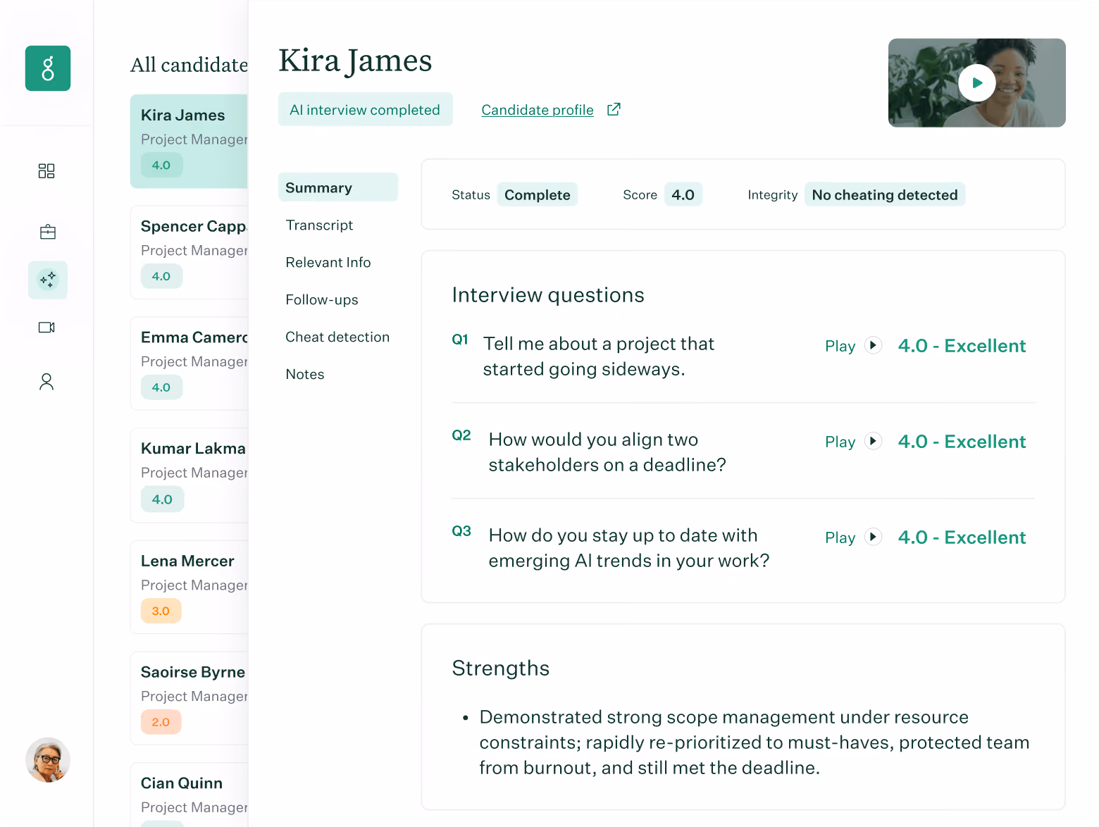 Voice AI product showing an overview of a candidate's interview with scores and question breakdowns