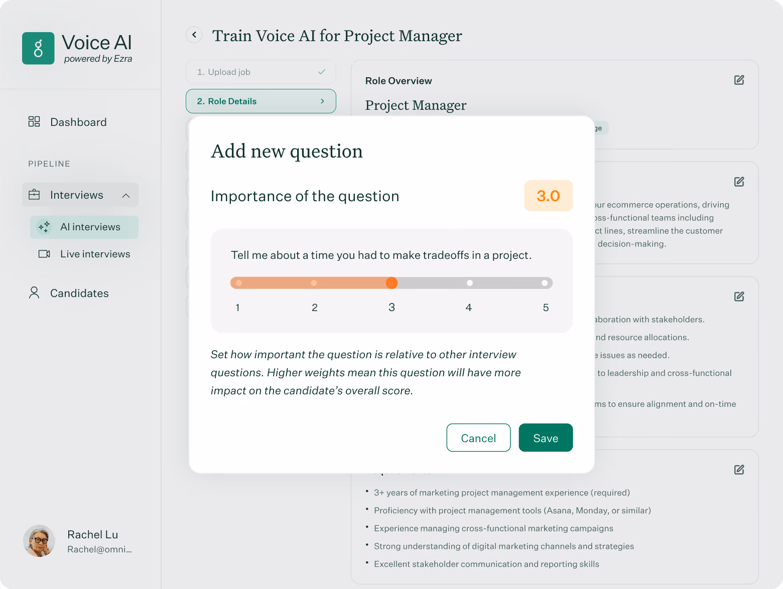 Voice AI showing how to set up a job with question weighting