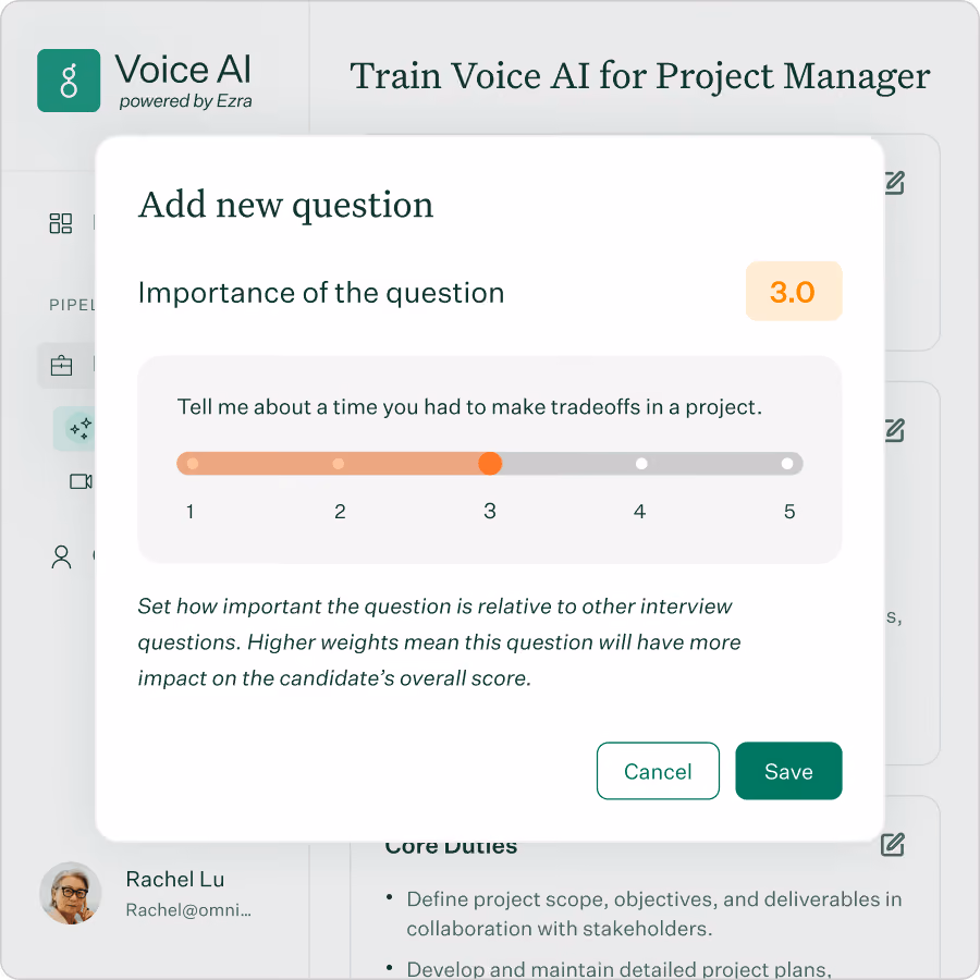 Voice AI showing how to set up a job with question weighting