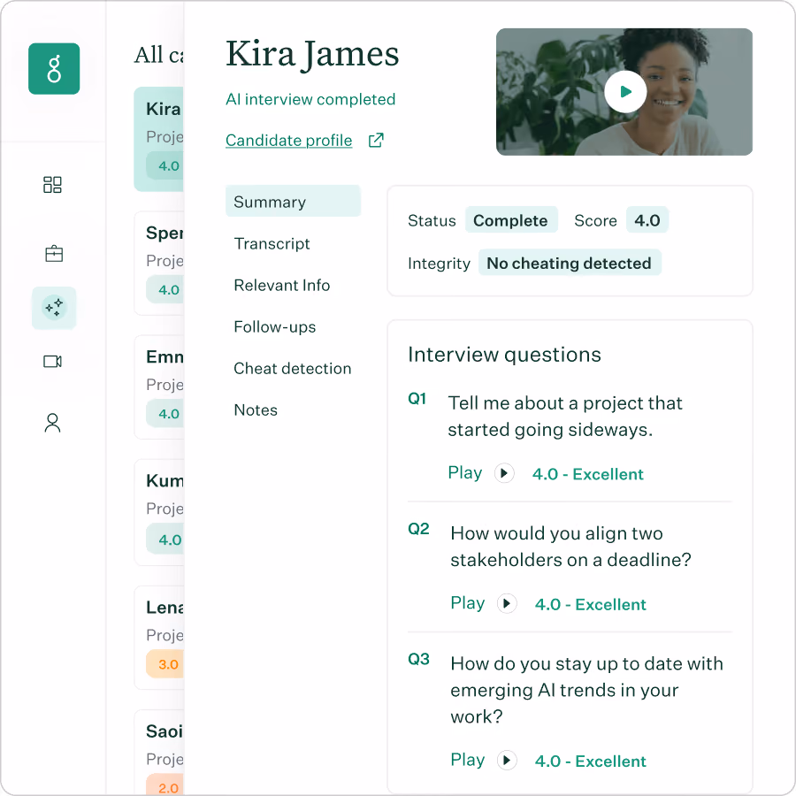 Voice AI product showing an overview of a candidate's interview with scores and question breakdowns