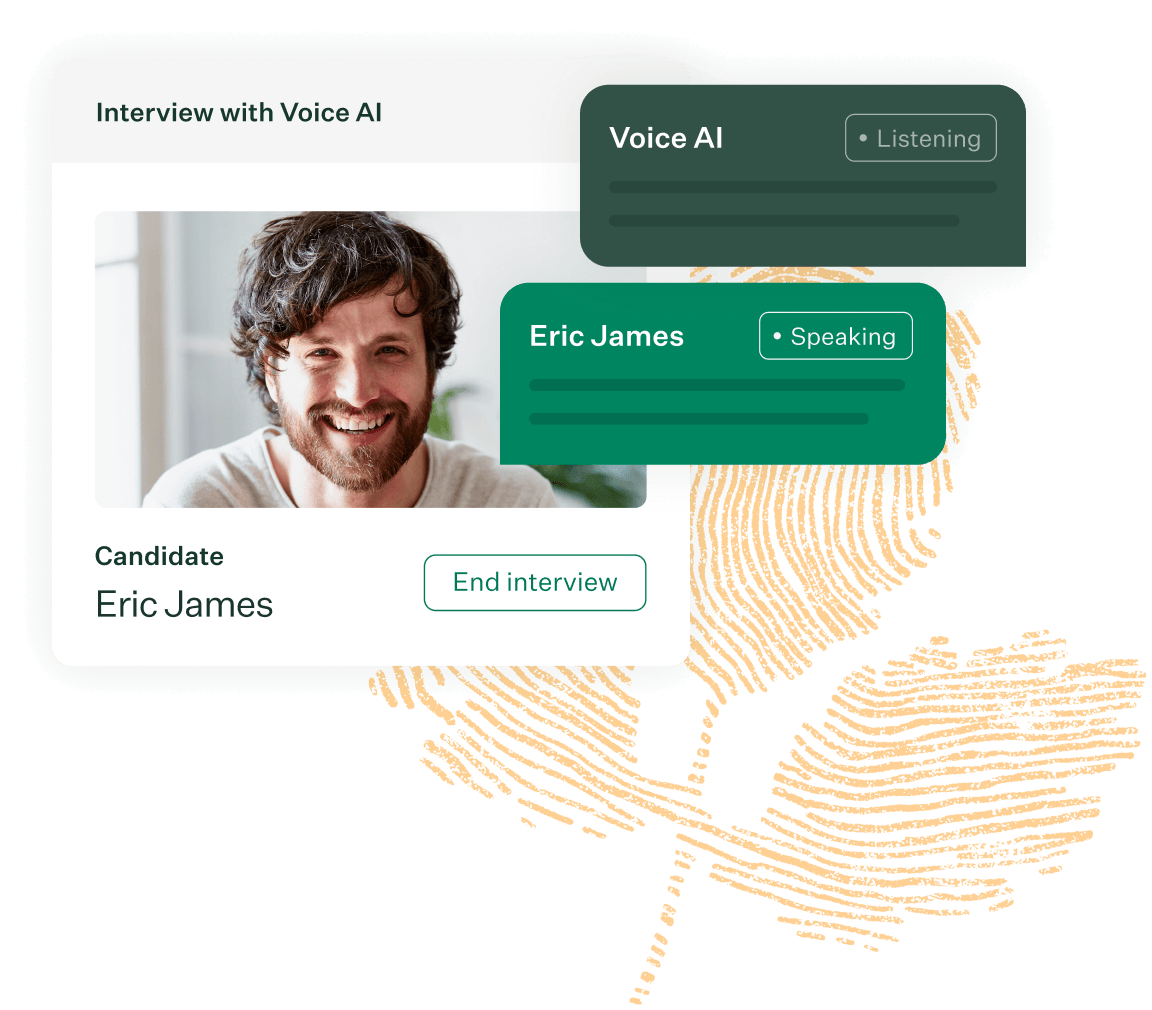 Candidate in an interview with Voice AI and speech bubble motif