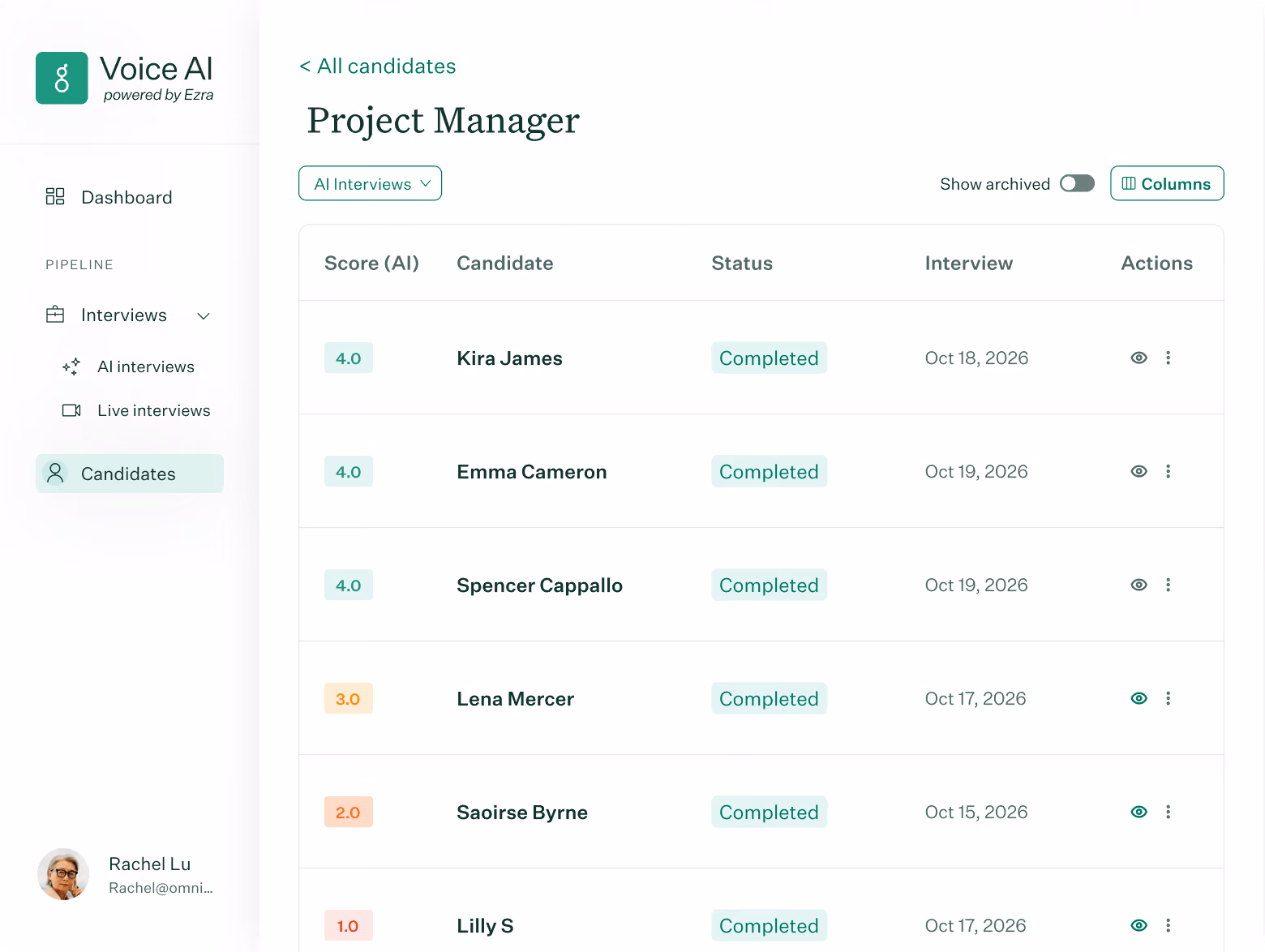 Voice AI table of candidates for a Project Manager opening with scores