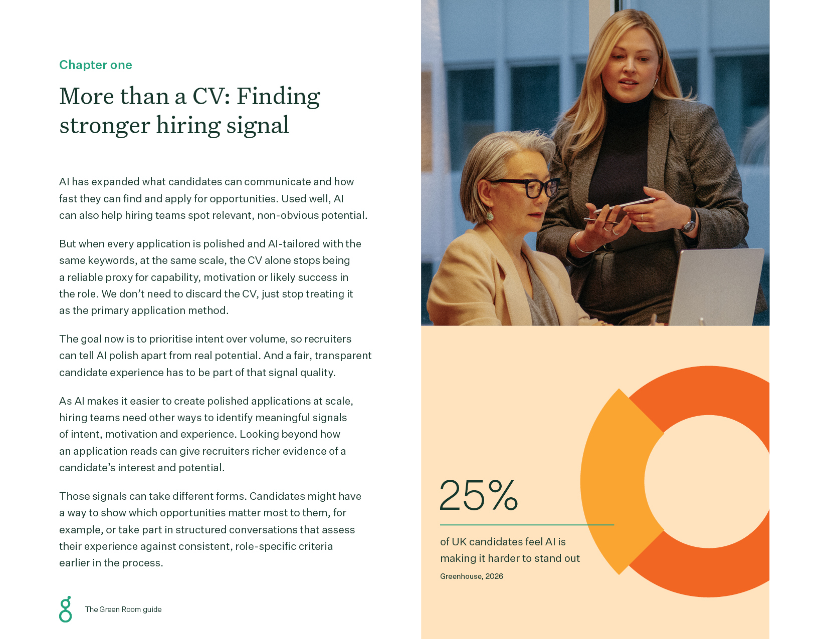 Two women looking at a tablet together, next to a stat graphic: 25% of UK candidates feel AI is making it harder to stand out
