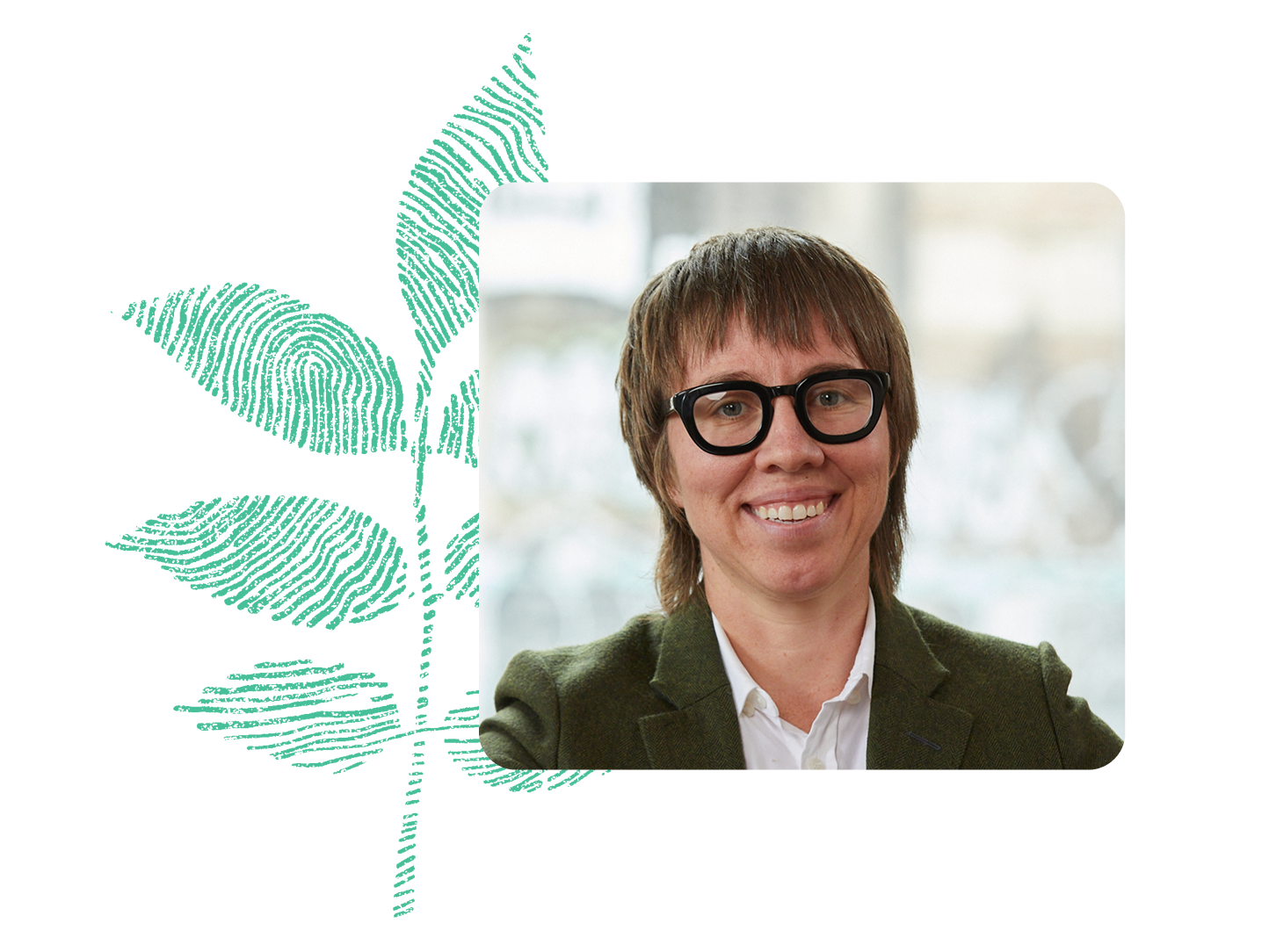 Headshot of Mo Moran, wearing black glasses and an olive blazer, next to a decorative green fingerprint illustration shaped like a leaf
