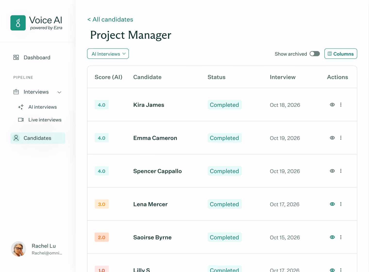 Screenshot of a Voice AI hiring platform showing the Project Manager candidates list with AI interview scores, candidate names, interview status as Completed, interview dates in October 2026, and action icons for viewing details.