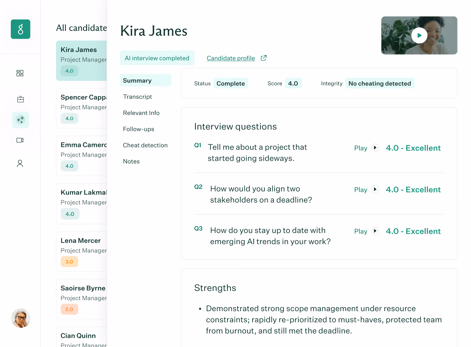 User interface showing candidate Kira James's interview summary with status complete, score 4.0, and no cheating detected. It displays three interview questions with 'Play' options and excellent 4.0 ratings, plus a strengths section highlighting strong scope management and team protection from burnout.