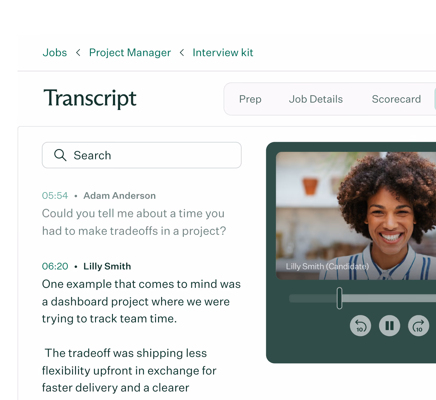 Screenshot of an interview transcript interface for a Project Manager job in an interview kit, showing text dialogue between Adam Anderson and Lilly Smith about project tradeoffs, including a video window with Lilly Smith smiling.