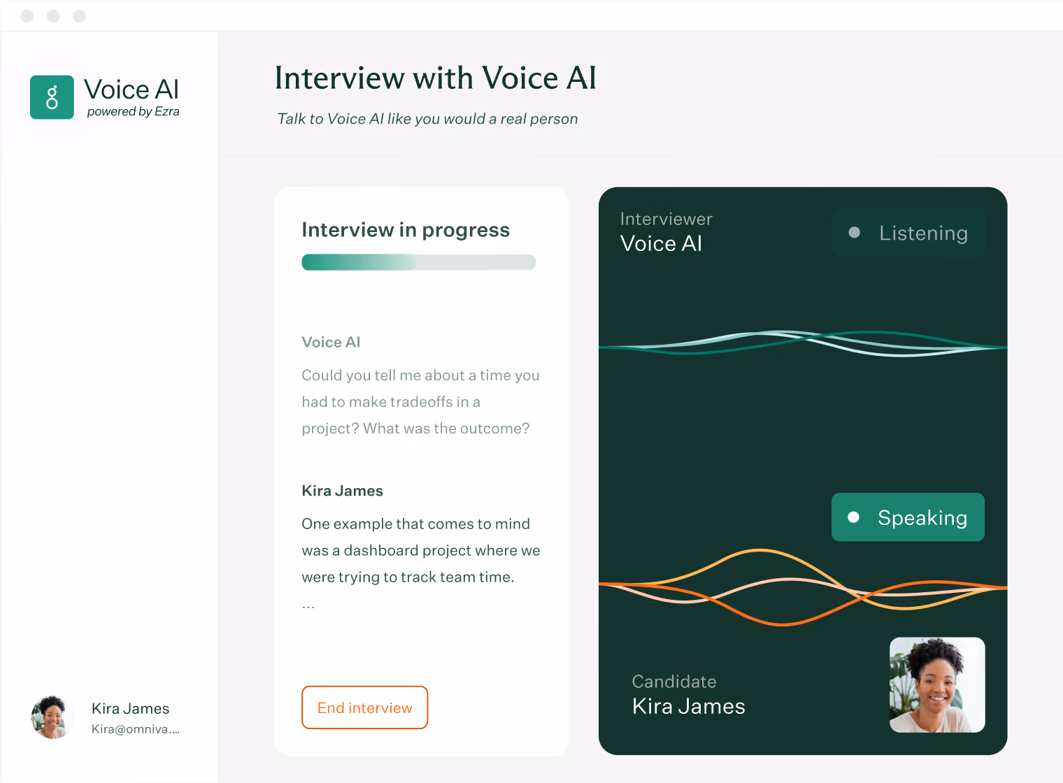 Interface of an AI-powered interview system called Voice AI showing a conversation between the AI interviewer and candidate Kira James, with interview progress, transcript, and voice activity indicators for listening and speaking.