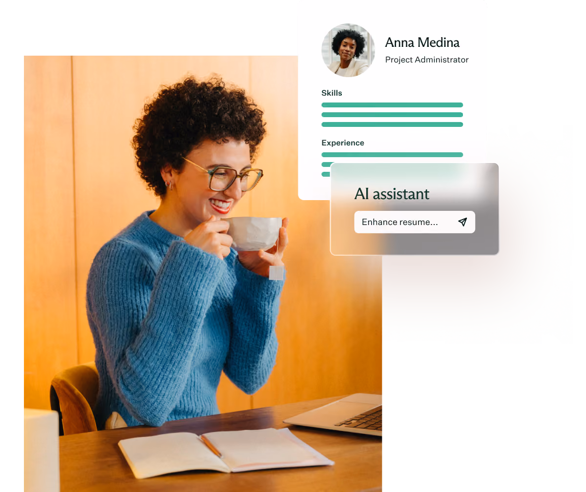 A cheerful woman with curly hair and glasses sipping from a white cup while sitting at a desk with an open notebook and laptop, with a digital overlay showing a profile of Anna Medina, Project Administrator, including skills and experience bars, and an AI assistant interface with a prompt to enhance resume.