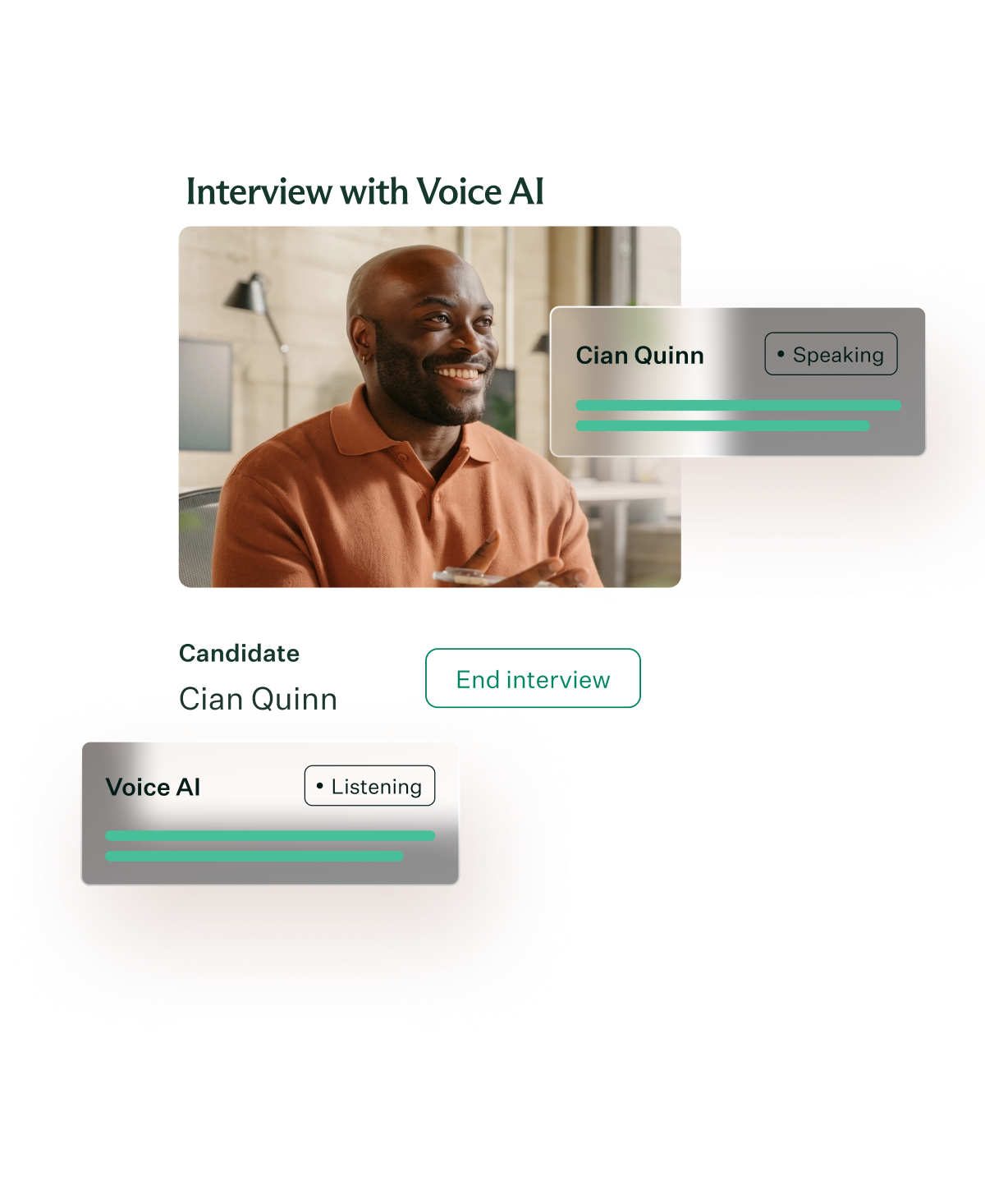 User interface showing an interview with Voice AI, featuring a smiling man labeled Eric James speaking, and Voice AI labeled as listening, with candidate Cian Quinn's name and an 'End interview' button.