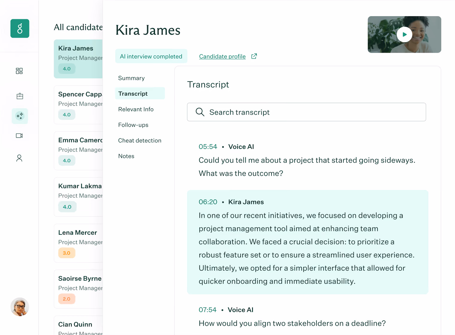 Screen showing an interview transcript for candidate Kira James, Project Manager. On the left, a list of candidates with ratings from 4.0 to 2.0 is visible. The transcript section displays questions from Voice AI about project experiences and responses from Kira James emphasizing a project management tool for better collaboration, user experience, and onboarding.