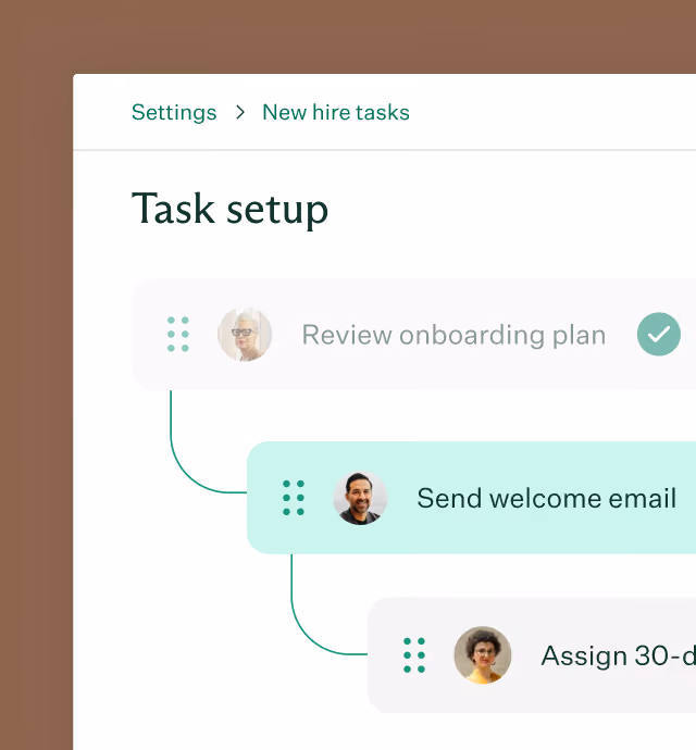 A task setup interface showing a sequence of new hire tasks: Review onboarding plan with a completed checkmark, Send welcome email, and Assign 30-day task, each task associated with a profile photo.