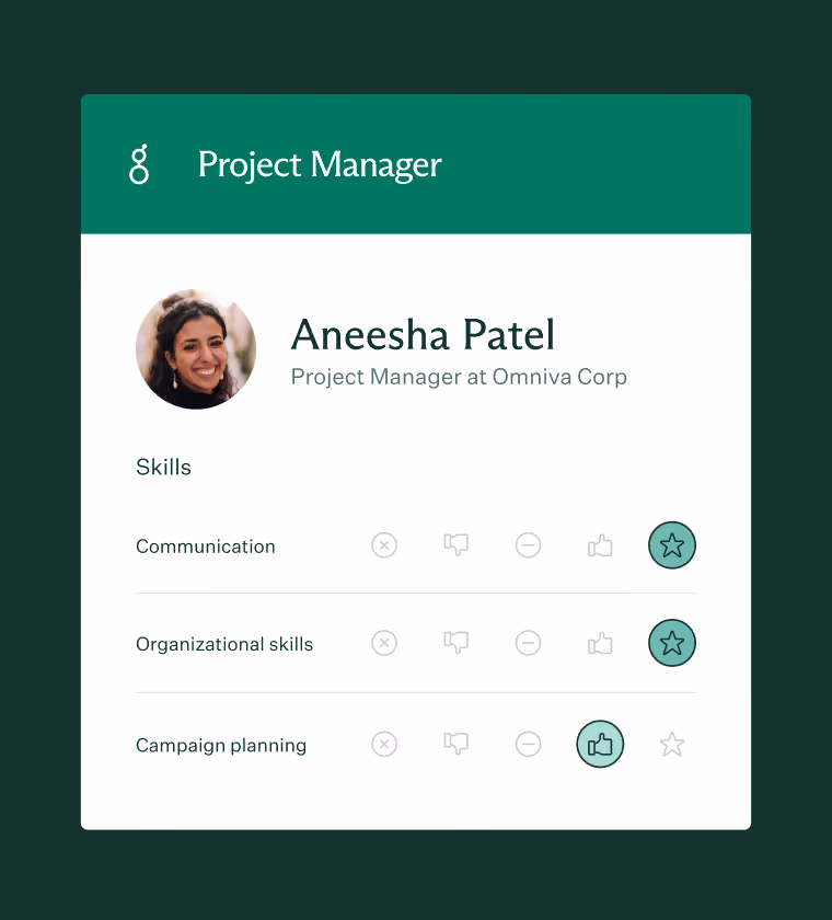 Profile card for Aneesha Patel, Project Manager at Omniva Corp, showing skill ratings: communication and organizational skills marked with star icons, campaign planning marked with a thumbs-up icon.