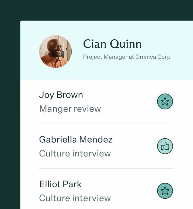 Profile section featuring Cian Quinn, Project Manager at Omniva Corp with a smiling portrait. Below are three review entries: Joy Brown for Manager review with a star icon, Gabriella Mendez for Culture interview with a thumbs-up icon, and Elliot Park for Culture interview with a star icon.