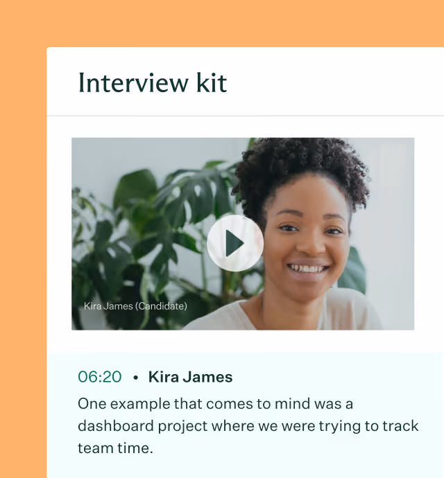 Screen showing an interview kit with a paused video of a smiling woman identified as Kira James (Candidate), and a quote about a dashboard project for tracking team time.