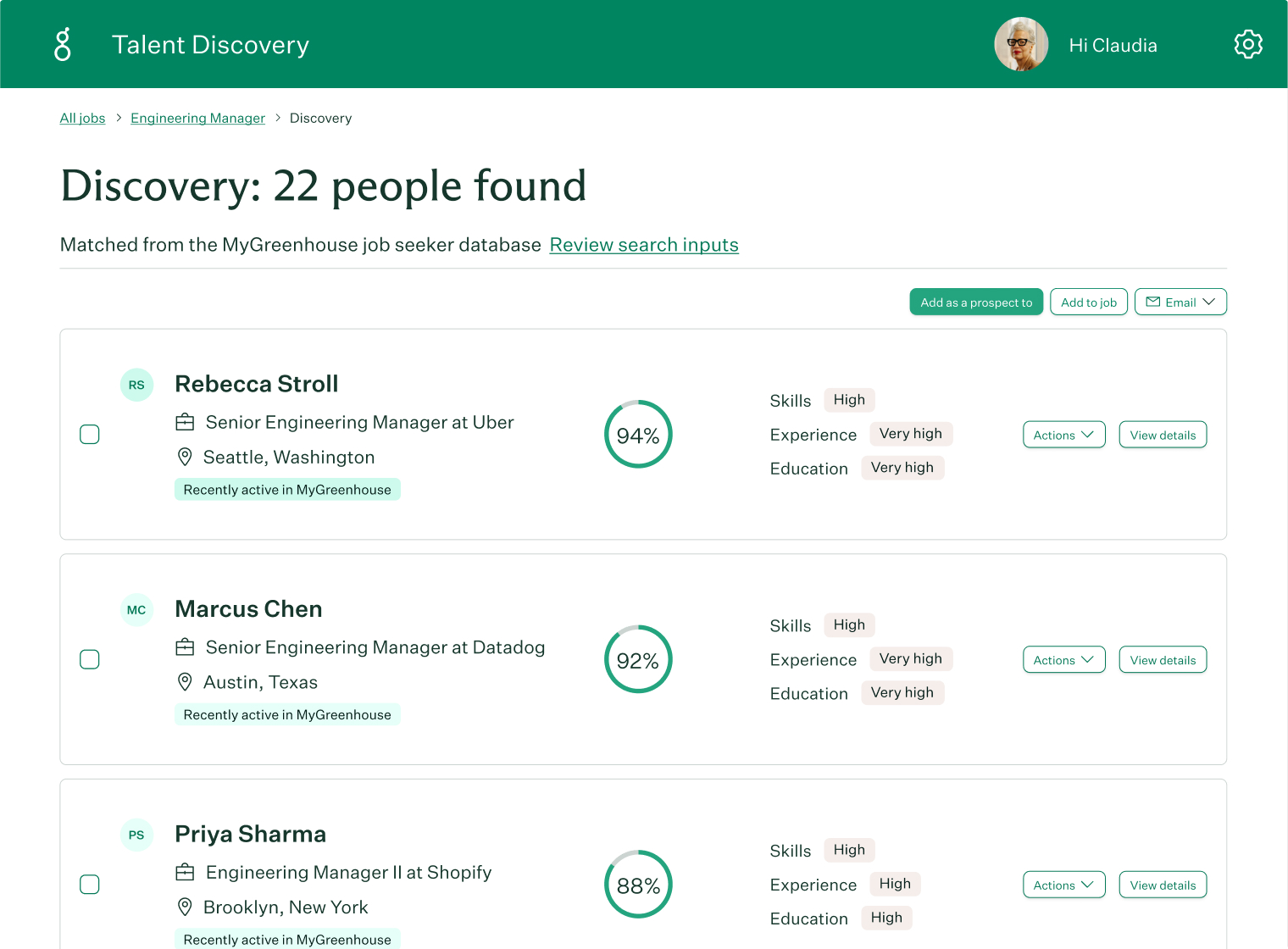 Talent Discovery interface showing job seeker search results for Engineering Manager with 22 people found. Displays profiles of Rebecca Stroll, Marcus Chen, and Priya Sharma with their locations (Seattle, Austin, Brooklyn), roles, and match percentages (94%, 92%, 88%). Each profile lists skills, experience, education levels, and options for actions or viewing details.