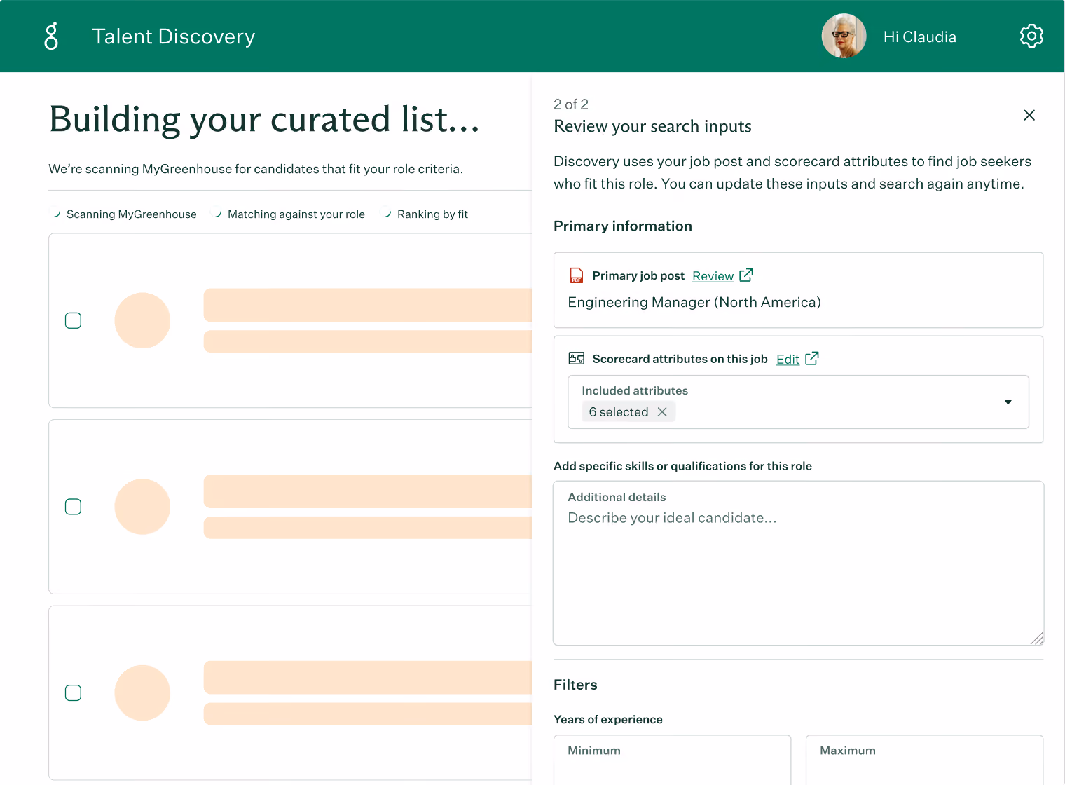 User interface screen from Talent Discovery showing a shortlist of candidates being ranked. The panel on the right reviews search inputs with a primary job post for Engineering Manager (North America), scorecard attributes with six selected, a text area for additional candidate details, and filter options for years of experience.