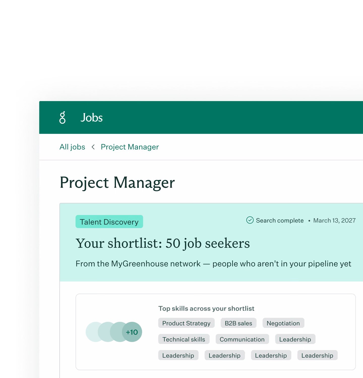 Job search interface showing a Project Manager role with a shortlist of 50 job seekers from the MyGreenhouse network, highlighting top skills like Product Strategy, B2B sales, Negotiation, Technical skills, Communication, and Leadership.