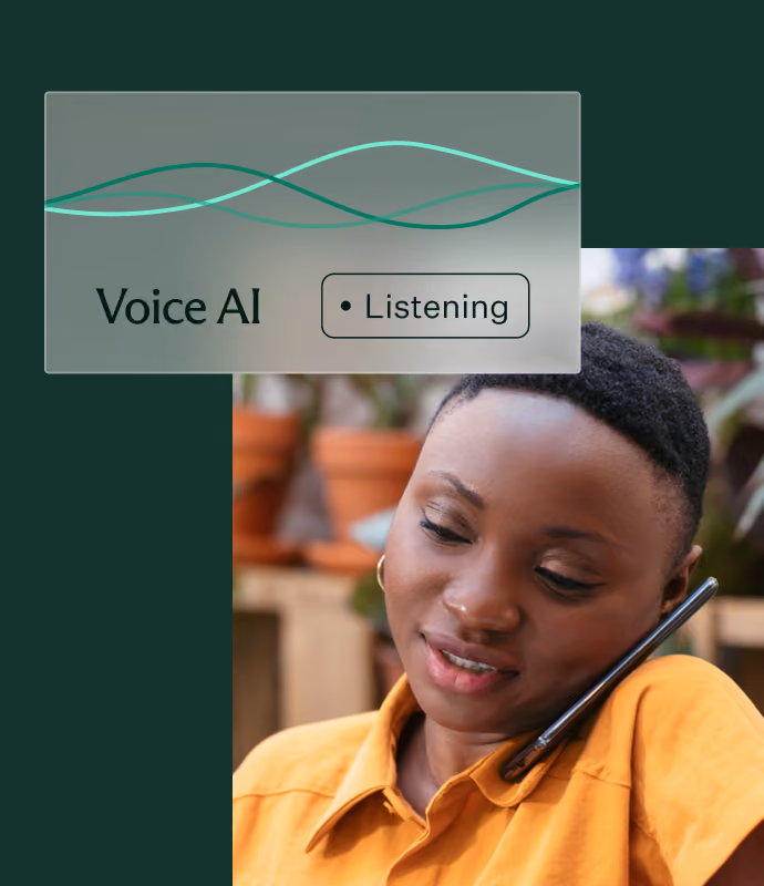 Close-up of a smiling woman with short hair holding a phone between her ear and shoulder, with a digital overlay showing the text 'Voice AI' and a 'Listening' status with sound wave graphics above her.